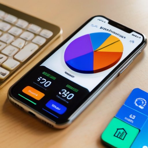 Современный смартфон с интерфейсом инвестиционного приложения и графиками на фоне рабочего пространства.