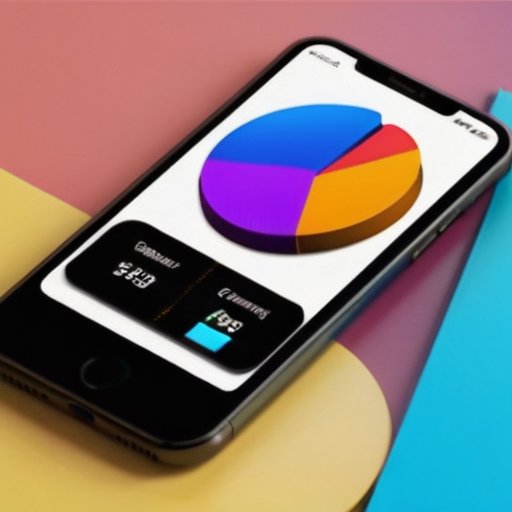 Современный интерфейс приложения для бюджета на экране смартфона с яркими графиками и категориями расходов.