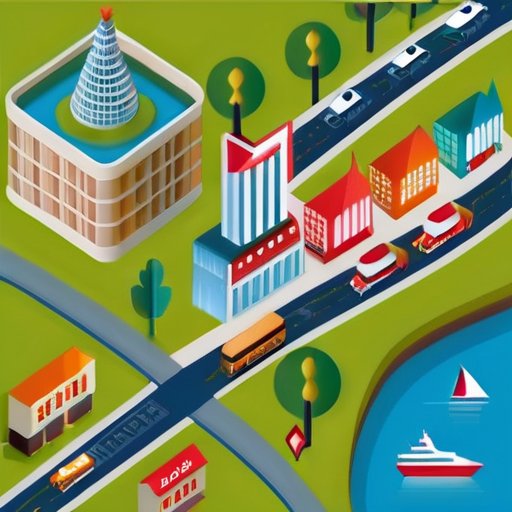 Современная карта города с иконками отелей, ресторанов и транспортных узлов, отмеченным маршрутом и ярким дизайном.