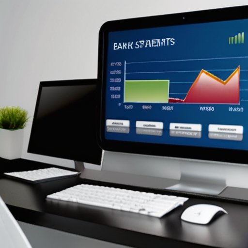 Современный банковский офис с цифровым экраном для загрузки выписок, смартфоном и ноутбуком на чистом столе.