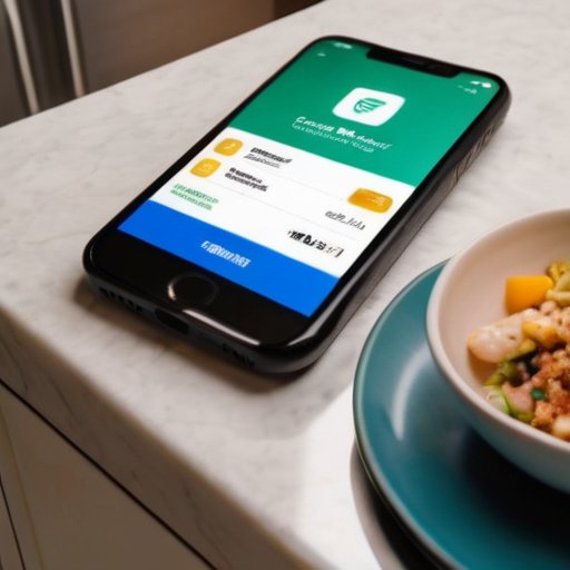 Современная кухня с телефоном, показывающим кэшбэк на доставку еды, рядом с аппетитной едой и чеком.