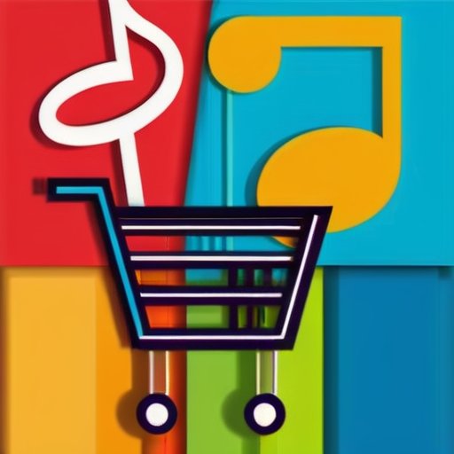 Иллюстрация музыкальных нот и тележки для покупок, символизирующая кэшбэк на музыкальные подписки.