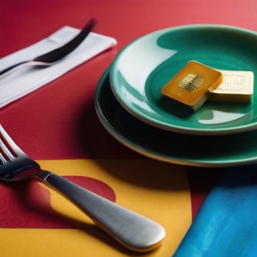 Столовая с яркой сервировкой, блюдо и символ кэшбэка рядом с кредитной картой.