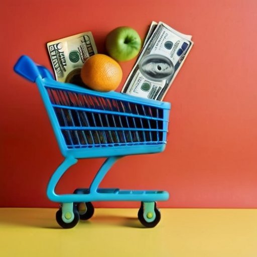 Корзина с продуктами в супермаркете, символы процента и деньги, тема кэшбэка и экономии.