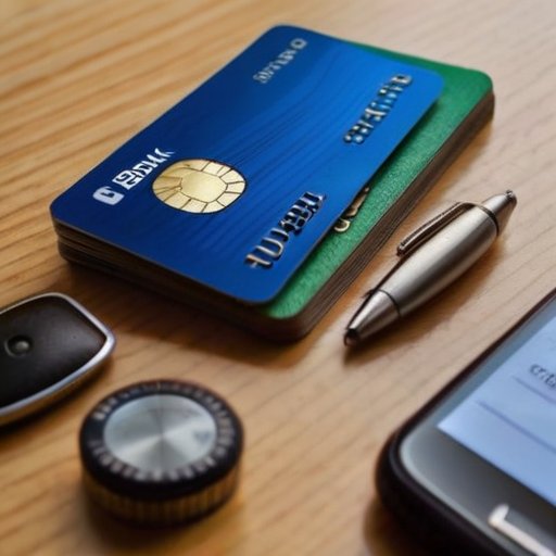 Дебетовая карта на деревянном столе среди повседневных предметов.