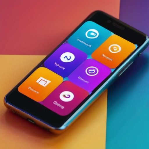 Смартфон с яркими иконками уведомлений на фоне технологического дизайна.