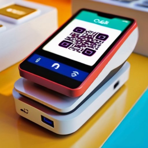 Современный терминал для платежей с QR-кодом на фоне яркого торгового окружения.