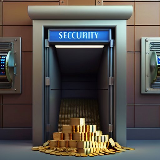 Безопасная банковская дверь приоткрыта, деньги и цифровые валюты высыпаются. На фоне два пути: 